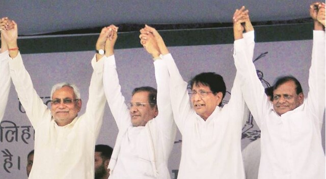 Nitish Kumar, Sharad Yadav and Ajit Singh at a rally in Baghpat on Tuesday. (File Photo: PTI)